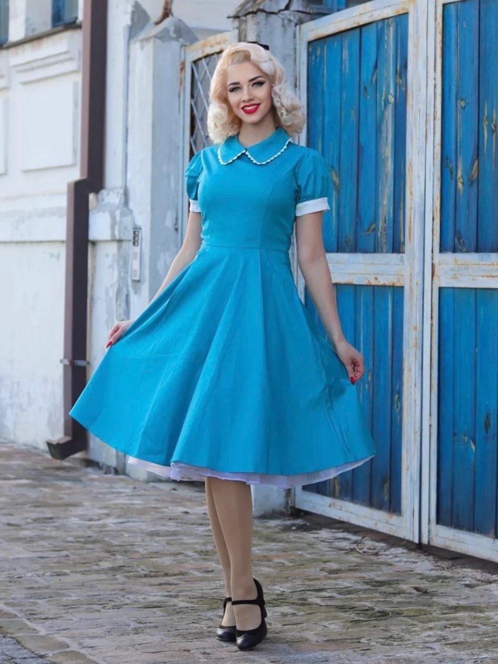 Retro Style 50’s Pinup Blue Peter Pan Collar Dress Sz XL